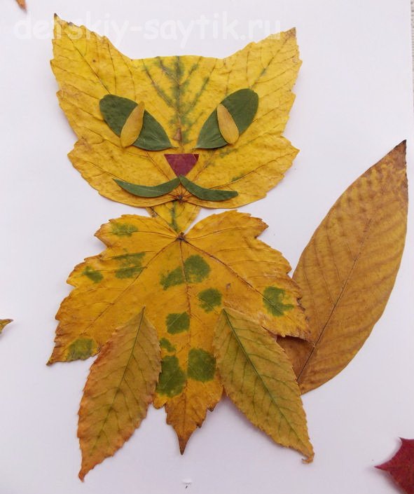аппликация кот из листьев